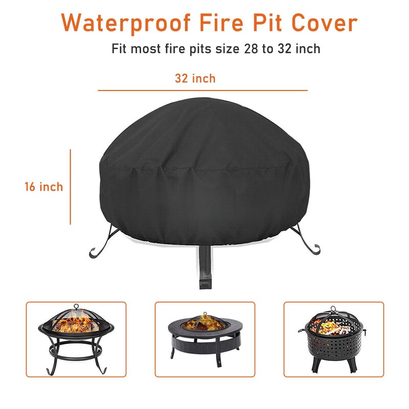 LBTING Fire Pit Cover, 32 inch Cover for 29-32 inch Round Firepit, Waterproof Windproof Dustproof UV-Resistant Heavy Duty Cover for Outdoor Patio Firepit Table - Black - Image 2